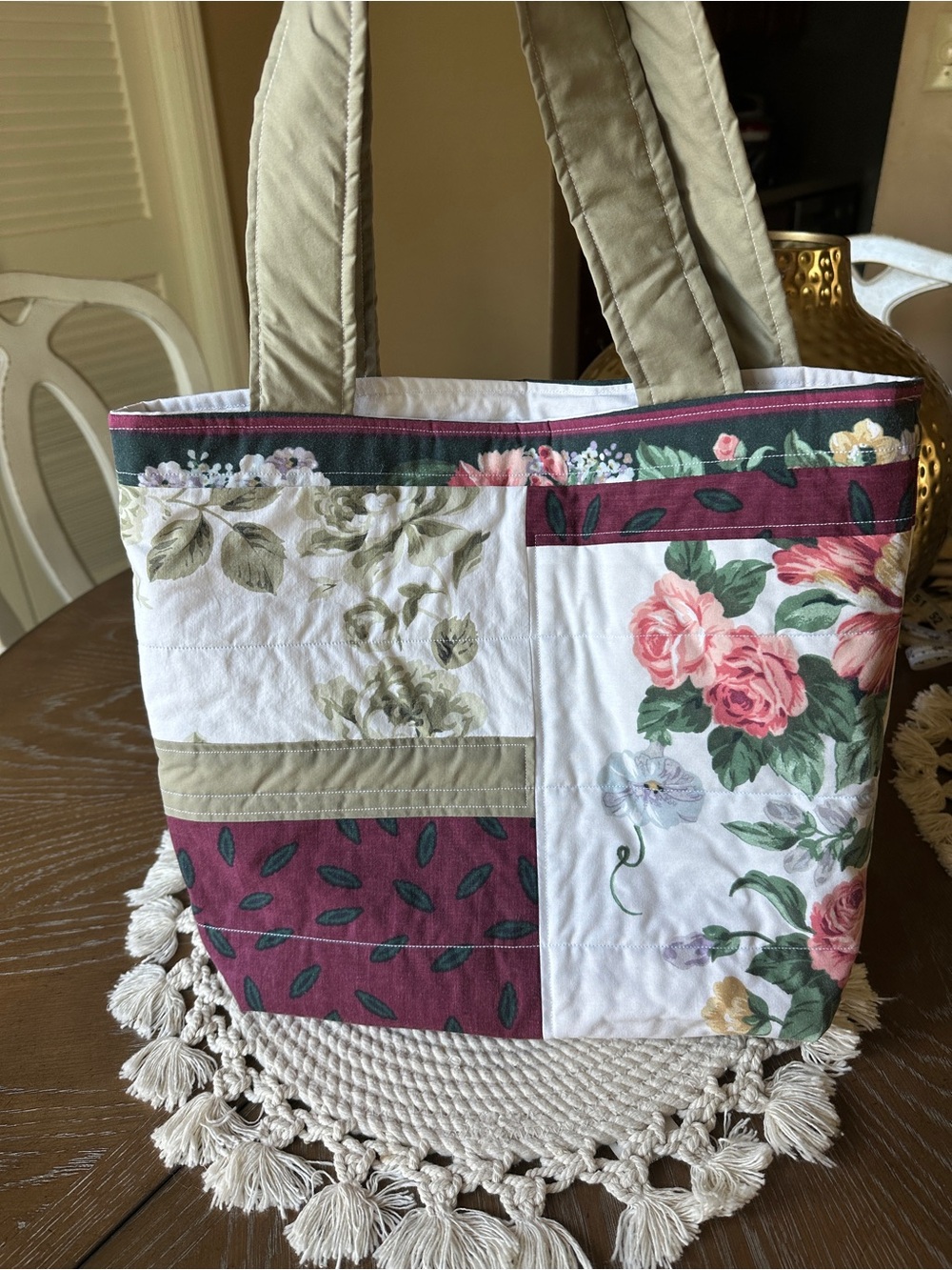 Patchwork Floral Quilted Tote Bag in Burgundy and Cream
